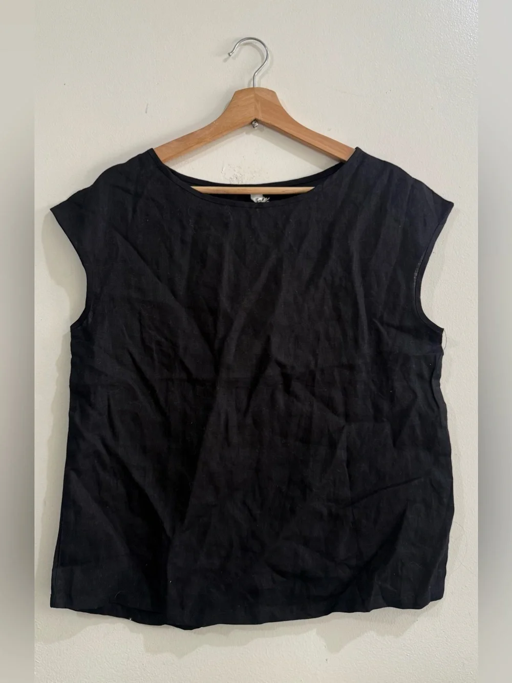 Amazhiyu Black Cap-Sleeve Linen Blend Women's Top